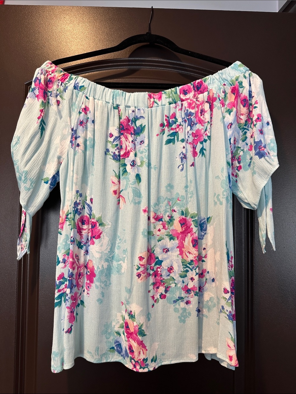 Off-Shoulder Floral Peasant Top - Aqua Pink Floral